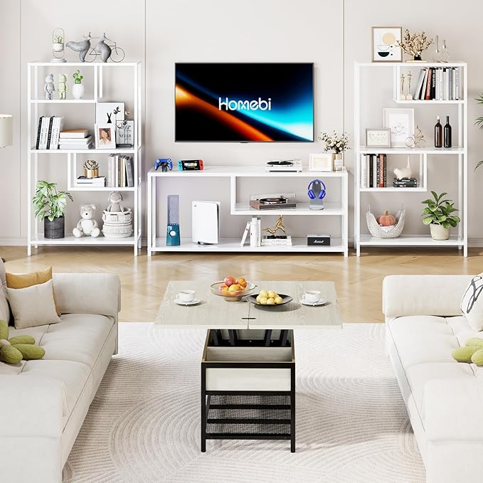 HOME BI Geometric Bookshelf, Tall Modern Etagere Bookcase, Industrial Metal Book Shelf with 5 Open Display Shelves for Office Living Room, White - LeafyLoom