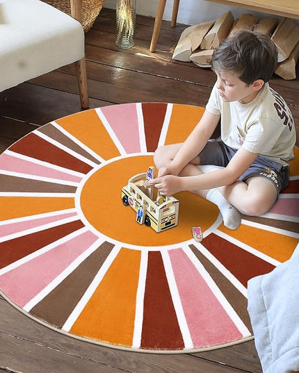 Topotdor Sun Rainbow Round Rug 4ft Boho Kids Nursery Rug, Colorful Washable Area Rug Ultra Soft Circle Classroom Rug Non-Slip for Bedroom Living Room Playroom Decor, Pink - LeafyLoom