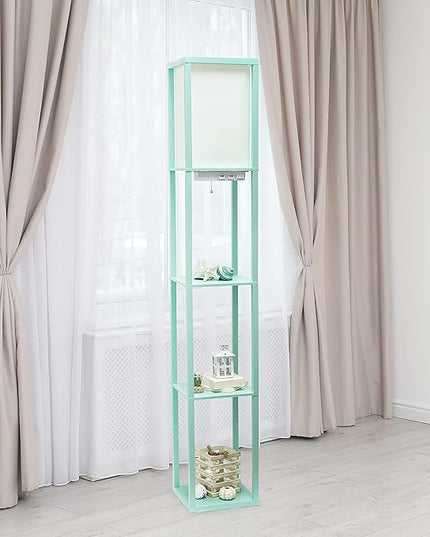 Simple Designs LF1037-AQU Floor Lamp Etagere Organizer Storage Shelf with 2 USB Charging Ports, 1 Charging Outlet and Linen Shade, Aqua - LeafyLoom