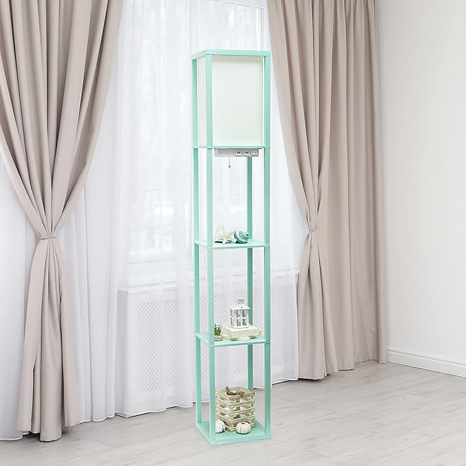 Simple Designs LF1037-AQU Floor Lamp Etagere Organizer Storage Shelf with 2 USB Charging Ports, 1 Charging Outlet and Linen Shade, Aqua - LeafyLoom