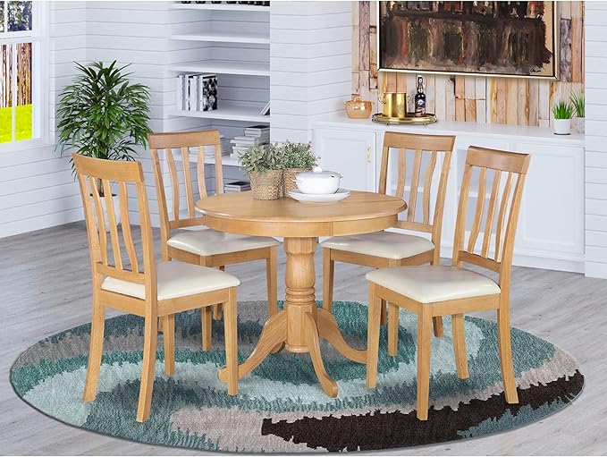 East West Furniture Antique 5 Piece Room Furniture Set Includes a Round Kitchen Table with Pedestal and 4 Faux Leather Upholstered Dining Chairs, 36x36 Inch, ANTI5-OAK-LC - LeafyLoom