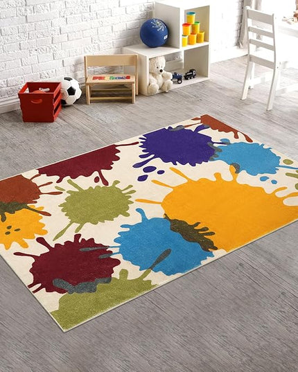 Colorful Kids Room Rug, 3'x5' Machine Washable Rug for Playroom, Paint Splatter Rainbow Area Rugs for Classroom, Soft Aesthetic Nursery Rug Throw Kids Play Mat for Bedroom Office Preschool - LeafyLoom
