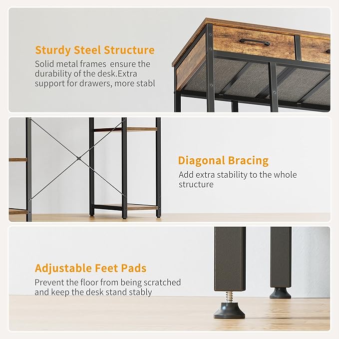 CubiCubi 47 Inch Computer Desk with 3 Drawers and Storage Shelves, Small Home Office Desk, Study Writing Table, Simple Desk for Bedroom, Rustic Brown - LeafyLoom