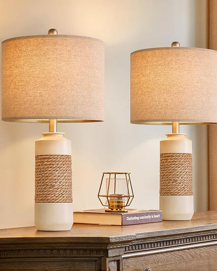 OYEARS 23.75" Bedside Table Lamps Set of 2 for Sleeping and Reading, Vintage Farmhouse Rattan Table Lamp Antique White Resin Lamp for Decoration, Office Living Room Bedside Table - LeafyLoom