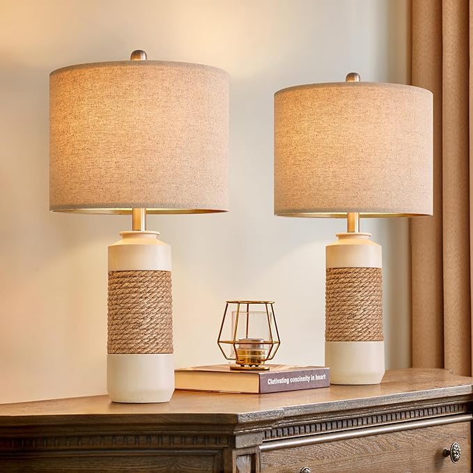 OYEARS 23.75" Bedside Table Lamps Set of 2 for Sleeping and Reading, Vintage Farmhouse Rattan Table Lamp Antique White Resin Lamp for Decoration, Office Living Room Bedside Table - LeafyLoom