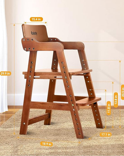Ezebaby Wooden High Chair for Toddlers to Teens, Adjustable Kids Study Chair with Steps, Kids Dining Chair with Removable Cushion (Nut-Brown) - LeafyLoom