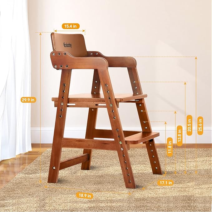 Ezebaby Wooden High Chair for Toddlers to Teens, Adjustable Kids Study Chair with Steps, Kids Dining Chair with Removable Cushion (Nut-Brown) - LeafyLoom