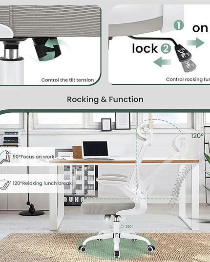 KERDOM Ergonomic Office Chair, Breathable Mesh Desk Chair, Lumbar Support Computer Chair with Headrest and Flip-up Arms, Swivel Task Chair, Adjustable Height Gaming Chair, LightGray - LeafyLoom