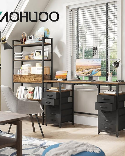 Desk with 10 Fabric Drawers Classified Organizer - 55"/140 Office Desks with Ample Storage, Computer Work Desk Study Writing Table Workstation for Home Office Space Deep Black - LeafyLoom