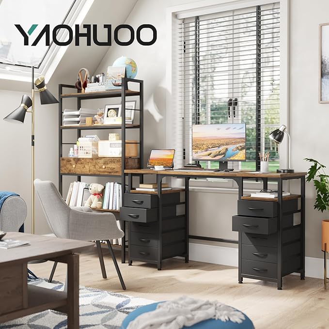 Desk with 10 Fabric Drawers Classified Organizer - 55"/140 Office Desks with Ample Storage, Computer Work Desk Study Writing Table Workstation for Home Office Space Deep Black - LeafyLoom