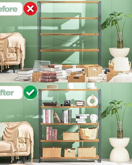 HCHQHS Bookshelf, 5-Tier Industrial Bookcase, Rustic Open Book Shelf, Freestanding Tall Bookshelves with Metal Frame - LeafyLoom