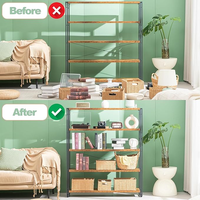 HCHQHS Bookshelf, 5-Tier Industrial Bookcase, Rustic Open Book Shelf, Freestanding Tall Bookshelves with Metal Frame - LeafyLoom