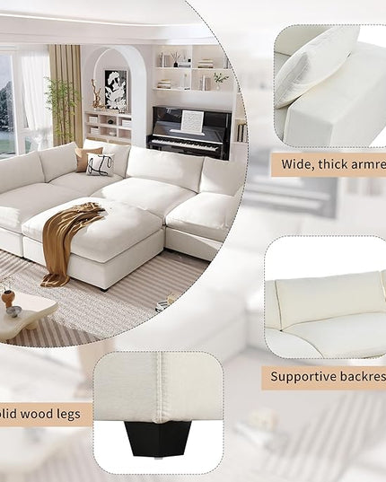 176.4 inch Oversized Sectional Sofa with Removable Ottoman, 5-Seater L Shaped Modular Corner Couch for Living Room, Office, Spacious Space, Beige - LeafyLoom