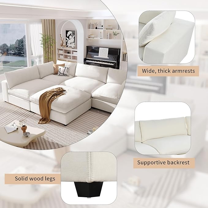 176.4 inch Oversized Sectional Sofa with Removable Ottoman, 5-Seater L Shaped Modular Corner Couch for Living Room, Office, Spacious Space, Beige - LeafyLoom