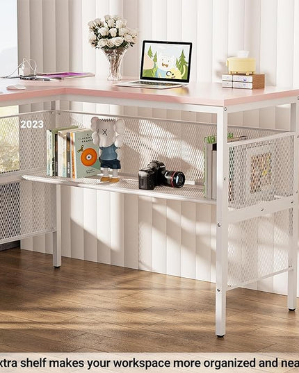 Reversible L Shaped Gaming Desk, Large Corner Computer Desks with Power Outlets and USB Ports, Sturdy Home Office Table with Storage Shelf, Attractive Grid Design Writing Desk, Pink - LeafyLoom