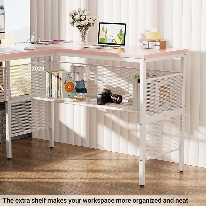 Reversible L Shaped Gaming Desk, Large Corner Computer Desks with Power Outlets and USB Ports, Sturdy Home Office Table with Storage Shelf, Attractive Grid Design Writing Desk, Pink - LeafyLoom