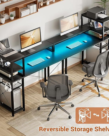 Small Gaming Desk with Storage, 39" Computer Desk with LED Lights, Home Office Desk with Adjustable Shelves & Power Outlets, Gaming Computer Desk with Monitor Stand for Small Spaces, Black - LeafyLoom