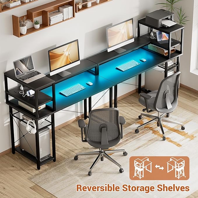 Small Gaming Desk with Storage, 39" Computer Desk with LED Lights, Home Office Desk with Adjustable Shelves & Power Outlets, Gaming Computer Desk with Monitor Stand for Small Spaces, Black - LeafyLoom
