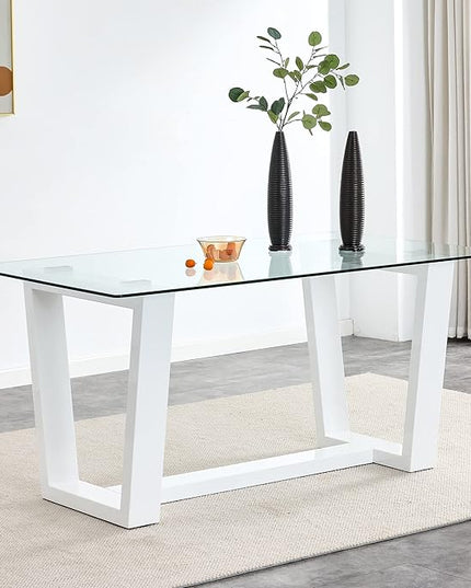 NicBex Glass Dining Table Large Modern Minimalist Rectangular for 6-8 with 0.4" Tempered Glass Tabletop and White MDF Trapezoid Bracket for Kitchen Dining Living Meeting Room Banquet Hall, White - LeafyLoom
