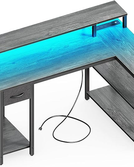 SUPERJARE 47 inch Reversible L Shaped Desk with LED Lights & Power Outlets, Computer Desk with Shelves & Monitor Stand, Gaming Desk with Drawer, Home Office Desk Corner Desk, Grey - LeafyLoom