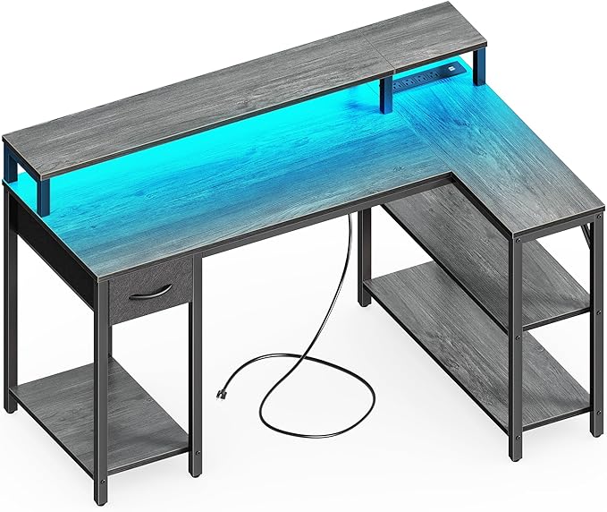 SUPERJARE 47 inch Reversible L Shaped Desk with LED Lights & Power Outlets, Computer Desk with Shelves & Monitor Stand, Gaming Desk with Drawer, Home Office Desk Corner Desk, Grey - LeafyLoom