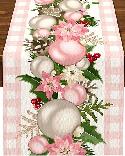 Nepnuser Pink Christmas Table Runner Pink and White Buffalo Check Plaid Xmas Decoration Seasonal Winter Holiday Home Kitchen Island Dining Room Decor Nepnuser