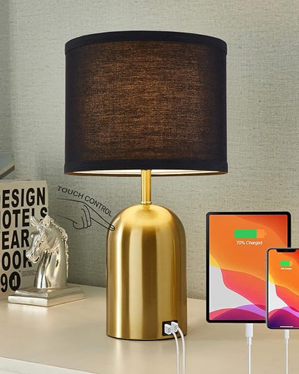 3-Way Dimmable Table Lamp for Living Room,Touch Control Modern Bedside Lamps with 2 USB Ports Nightstand Lamp with Black Shade and Gold Base for Bedroom Reading Room Hotel Office - LeafyLoom