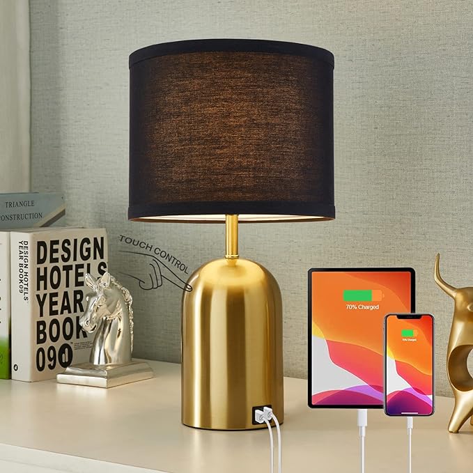 3-Way Dimmable Table Lamp for Living Room,Touch Control Modern Bedside Lamps with 2 USB Ports Nightstand Lamp with Black Shade and Gold Base for Bedroom Reading Room Hotel Office - LeafyLoom