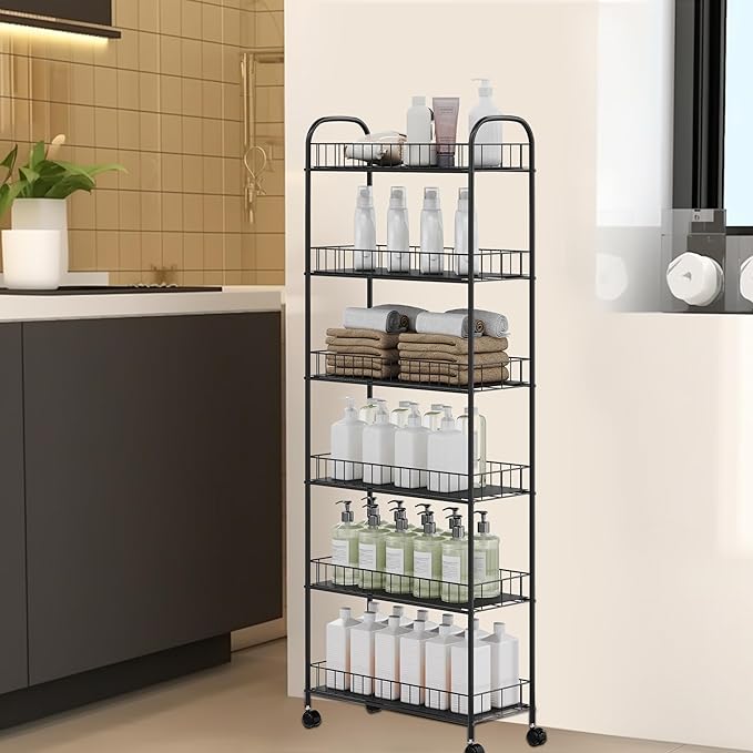 6-Tier Slim Rolling Cart,Narrow Shelving,Kitchens, Bathroom, Garages, Laundry rooms, Offices,10" D x 22.8" W x 61" H - LeafyLoom
