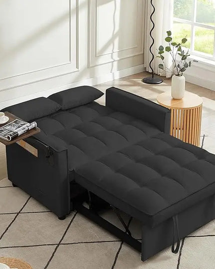 Folding Futon Loveseat Pull Out Couch Bed , 3 in 1 Multi-Functional Convertible Sleeper Sofa Pullout Bed, Tufted Chaise Lounge with Adjustable Backrest and Hidden Side Table for Living Room Office - LeafyLoom