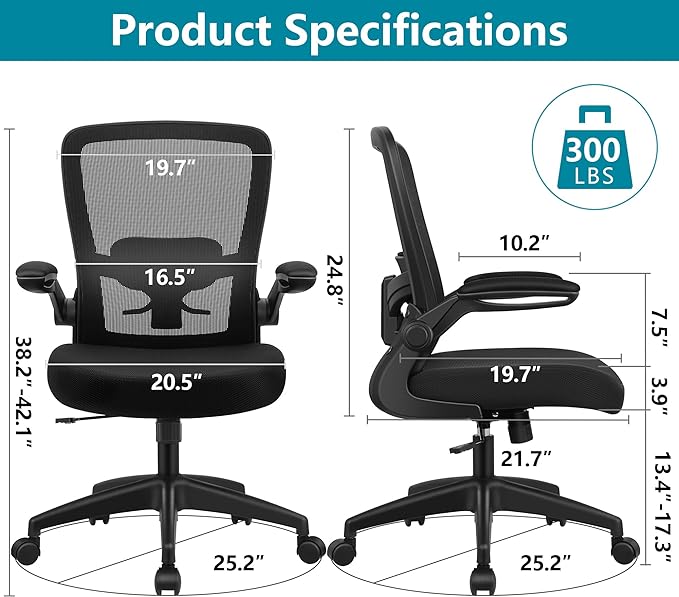 FelixKing Office Chair, Ergonomic Desk Chair Breathable Mesh Chair with Adjustable High Back Lumbar Support Flip-up Armrests, Executive Rolling Swivel Comfy Task Computer Chair for Home Office - LeafyLoom