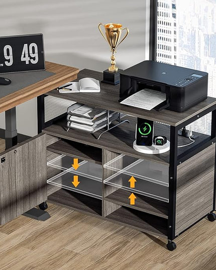 Lateral File Cabinets with Socket & USB Charging Station, Lockable Office File Cabinets Rolling Printer Stand with Open Storage Shelves for Home Office Organization & Storage - LeafyLoom
