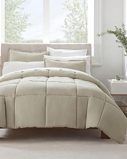 SERTA Simply Clean Ultra Soft Hypoallergenic Solid 3 Piece Comforter Set, King, Khaki - LeafyLoom