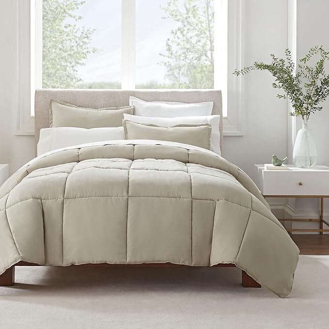 SERTA Simply Clean Ultra Soft Hypoallergenic Solid 3 Piece Comforter Set, King, Khaki - LeafyLoom