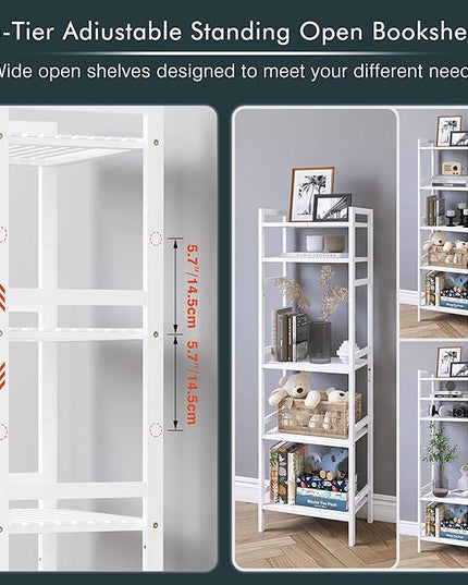 5 Tier Bamboo Shelf, Tall Narrow Bookcase, Freestanding Bathroom Storage Unit with Adjustable Shelves, Modern Display Standing Bookshelf for Living Room, Bedroom, Home Office, White - LeafyLoom