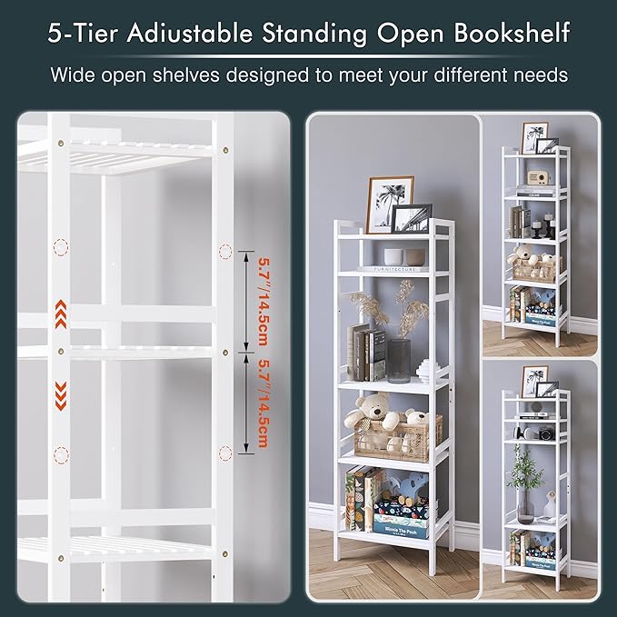 5 Tier Bamboo Shelf, Tall Narrow Bookcase, Freestanding Bathroom Storage Unit with Adjustable Shelves, Modern Display Standing Bookshelf for Living Room, Bedroom, Home Office, White - LeafyLoom