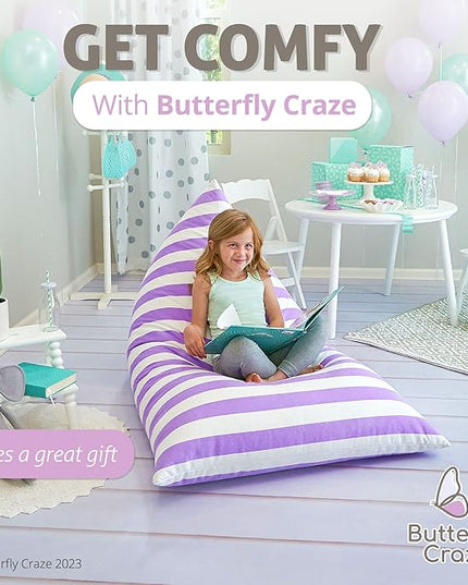 Butterfly Craze Bean Bag Chair Cover, Functional Toddler Toy Organizer, Fill with Stuffed Animals to Create a Jumbo, Comfy Floor Lounger for Boys or Girls, Stuffing Not Included, Purple Stripes - LeafyLoom
