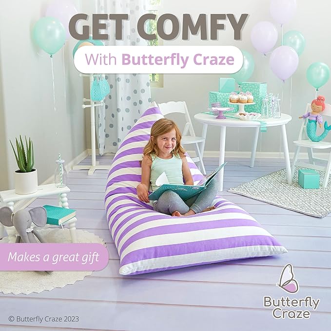 Butterfly Craze Bean Bag Chair Cover, Functional Toddler Toy Organizer, Fill with Stuffed Animals to Create a Jumbo, Comfy Floor Lounger for Boys or Girls, Stuffing Not Included, Purple Stripes - LeafyLoom