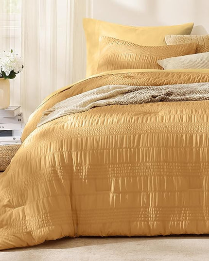 CASAAGUSTO Full Size Comforter Set, 7 Pieces Mustard Yellow Seersucker Bed in a Bag Full Size Soft All Seasons, Bedding Sets with Comforter, Flat Sheet, Fitted Sheet, 2 Pillow Shams, 2 Pillowcases - LeafyLoom