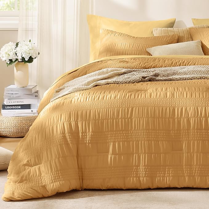 CASAAGUSTO Full Size Comforter Set, 7 Pieces Mustard Yellow Seersucker Bed in a Bag Full Size Soft All Seasons, Bedding Sets with Comforter, Flat Sheet, Fitted Sheet, 2 Pillow Shams, 2 Pillowcases - LeafyLoom
