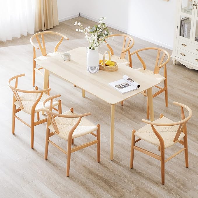 Farini Rattan Chairs for Dining Room Wishbone Chair Solid Wood Armchairs Y Shaped Backrest Hemp Seat for Home Restaurant Fully-Assembled(Set of 2,Nature-Beige Seat) - LeafyLoom