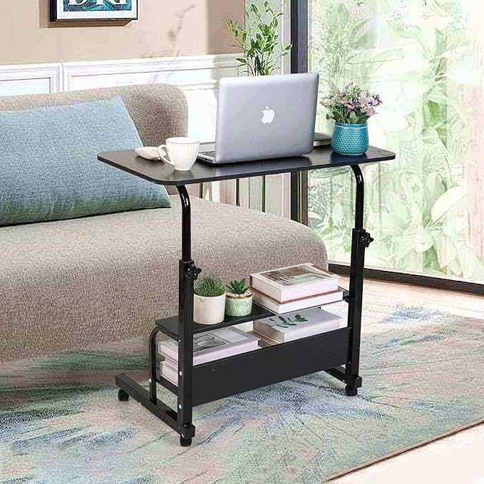 Adjustable Height Mobile Computer Desk for Small Space Rolling Desk with Wheels Desk Home Office Study Desk Portable for Bedrooms Work Desk Size 31.5x15.7 Inch Black with Storage Gaming Table B - LeafyLoom