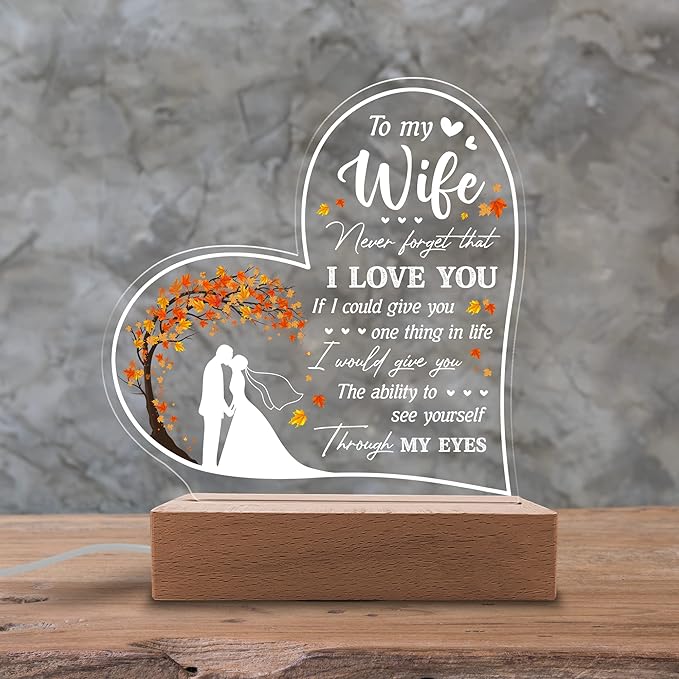 Acrylic Night Light Gifts for Wife - to My Wife Never Forget That I Love You - Wife Gifts from Husband to Wife on Valentines, Anniversary - Wife Birthday Gift Ideas - LeafyLoom