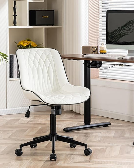 YOUNIKE Office Chair with Wheels Armless Desk Chair Swivel Rolling Task Chair with Back Upholstered Faux Leather Computer Chair Height Adjustable Modern Ergonomic Wide Seat White - LeafyLoom