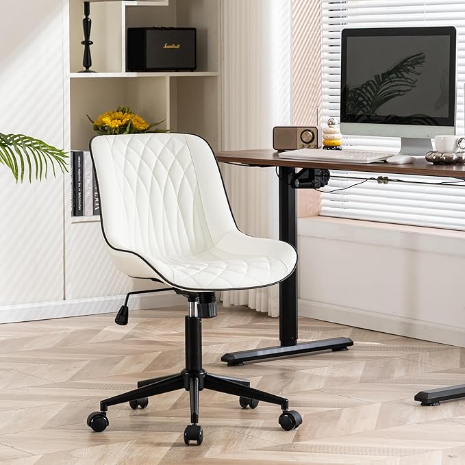YOUNIKE Office Chair with Wheels Armless Desk Chair Swivel Rolling Task Chair with Back Upholstered Faux Leather Computer Chair Height Adjustable Modern Ergonomic Wide Seat White - LeafyLoom