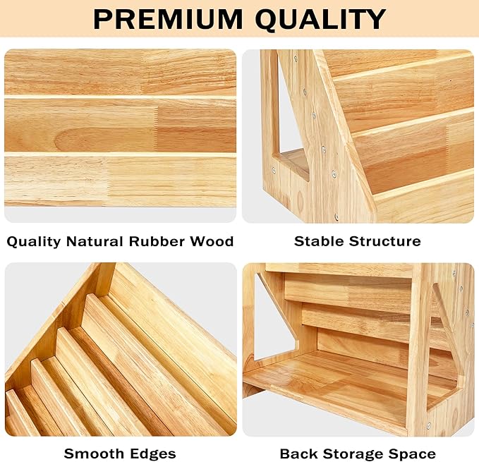 5 Tier Montessori Bookshelf Solid Wood, Nursery Bookcase, Toddler Book Display Shelf for Toddler, 17" Height - LeafyLoom