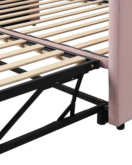 Day Bed (Twin, Pink) with Pop Up Trundle, Velvet Upholstered, Extendable to King, Backrest and Armrests, for Living Room Apartment - LeafyLoom