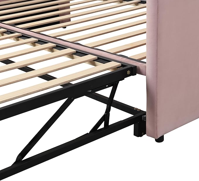 Day Bed (Twin, Pink) with Pop Up Trundle, Velvet Upholstered, Extendable to King, Backrest and Armrests, for Living Room Apartment - LeafyLoom