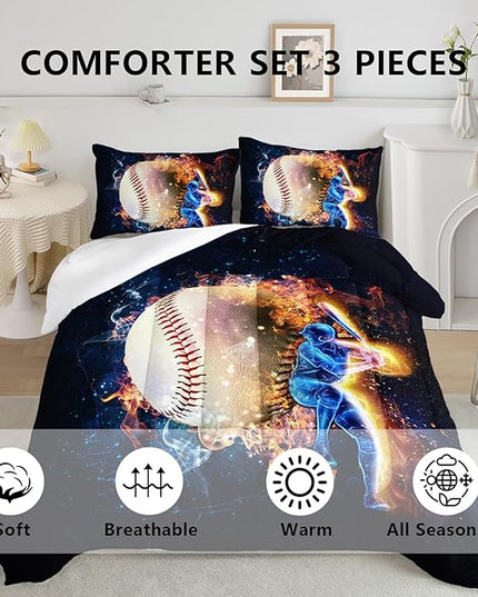 Axolotl 3D Baseball Comforter Set Queen,Sports Bedding,Red Blue Water Fire Comforter Set,Sports Baseball Loveer Bedding Set,Sport Game Comforter for Kids Boys Teens Adults,1 Quilt 2 Pillowcases - LeafyLoom