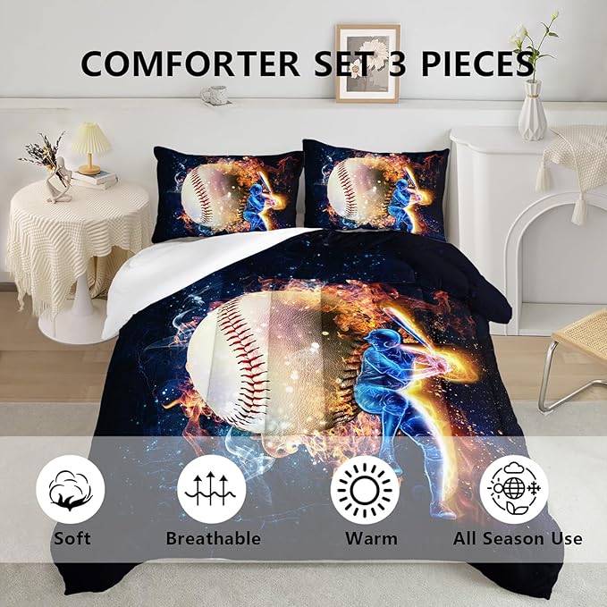 Axolotl 3D Baseball Comforter Set Queen,Sports Bedding,Red Blue Water Fire Comforter Set,Sports Baseball Loveer Bedding Set,Sport Game Comforter for Kids Boys Teens Adults,1 Quilt 2 Pillowcases - LeafyLoom